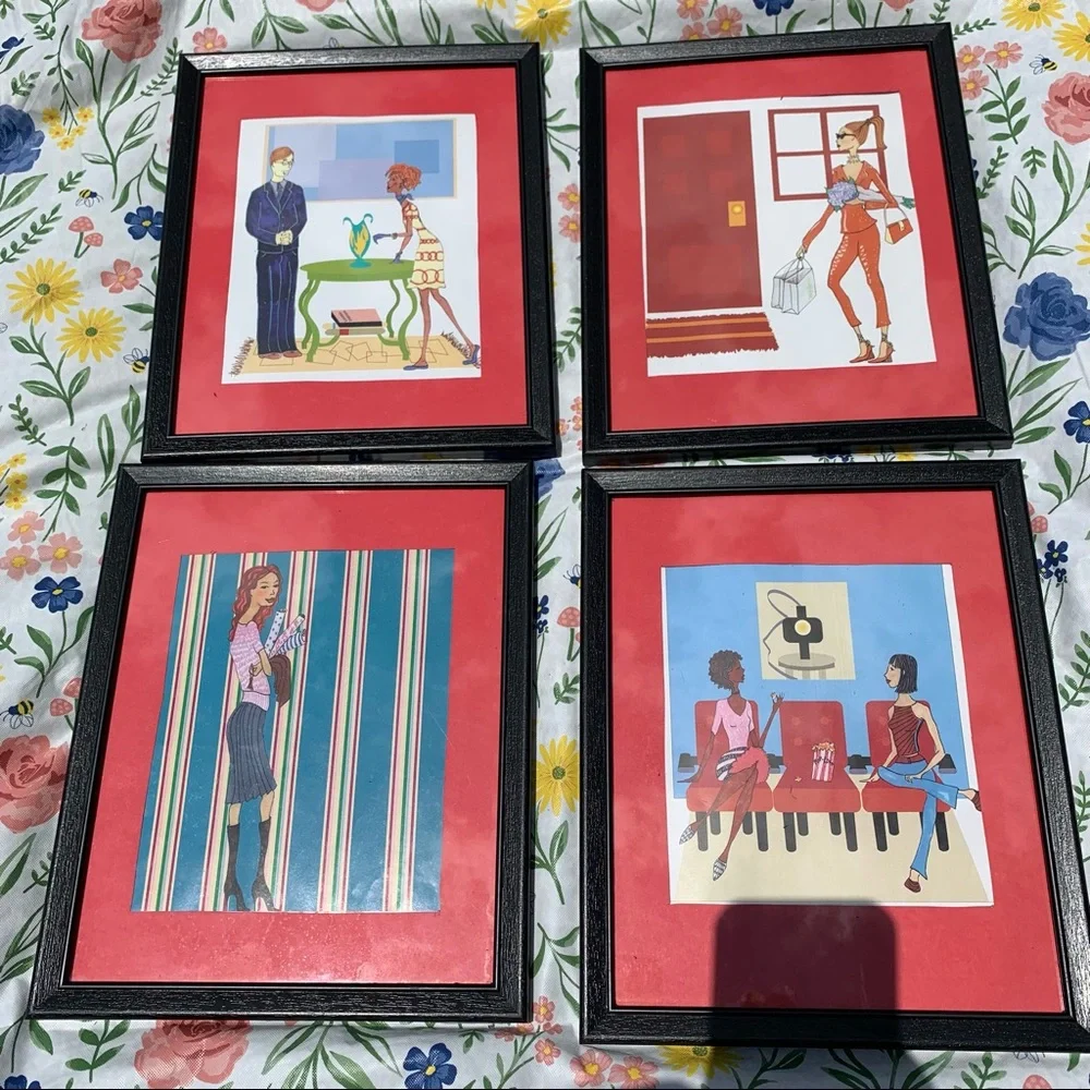 4pc Female Figure Framed Art Pieces Home Decor Red Matted Wall decor